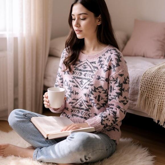 BB Dakota Fuzzy Knit Aztec Tunic Sweater Pink Black Wool Blend Womens Medium - Picture 1 of 7